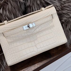 Cream Croc-Embossed Leather Top-Handle Bag